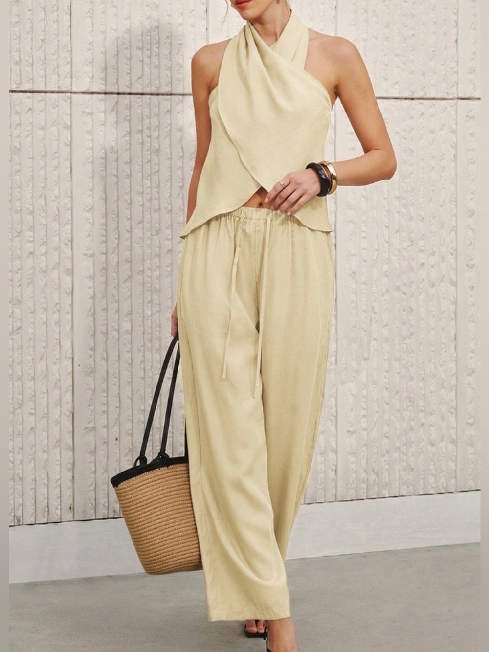 Commense Halter Neck Top & Wide-Leg Drawstring Pant Set